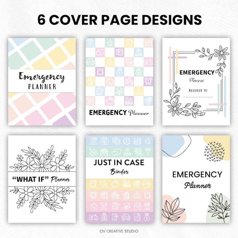 May include: Six planner cover designs are displayed, each with a unique layout and color scheme. The covers include the text "Emergency Planner", "Just in Case Binder", and "What If Planner". The designs feature floral elements, geometric patterns, and pastel colors.
