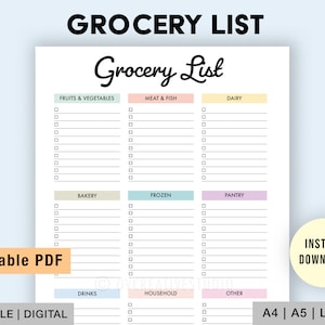 Lista de comestibles editable / Imprimible / Lista de compras / Plantilla de lista de comestibles planificador de comidas / Plantilla de comestibles Digital PDF / A4, A5, Carta