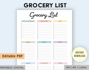 May include: A printable grocery list template with sections for fruits and vegetables, meat and fish, dairy, bakery, frozen, pantry, drinks, household, and other. The template is in a light blue, pink, and yellow color scheme with a handwritten font.
