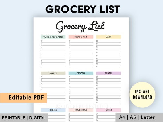 Editable Grocery List Printable Shopping List Meal - Etsy UK