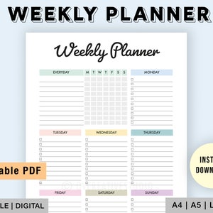 Editable Weekly Planner | Printable, Digital | Weekly Planner PDF | Weekly Organizer | Weekly To Do List Template | Weekly Checklist
