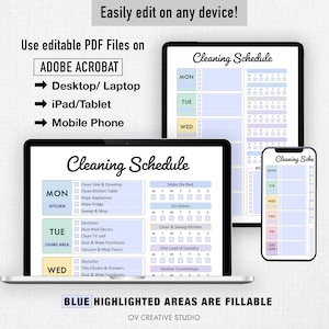 May include: A printable cleaning schedule template with a blue, purple, and white color scheme. The template is divided into days of the week, with sections for kitchen, living area, and other tasks. The text "BLUE HIGHLIGHTED AREAS ARE FILLABLE" is at the bottom of the template.