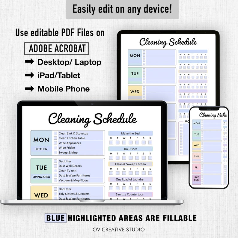 May include: A printable cleaning schedule template with a blue, purple, and white color scheme. The template is divided into days of the week, with sections for kitchen, living area, and other tasks. The text "BLUE HIGHLIGHTED AREAS ARE FILLABLE" is at the bottom of the template.