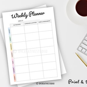 May include: A printable weekly planner with a colorful design. The planner has sections for top priorities, schedules and activities, and tasks and assignments. The days of the week are listed down the left side of the page.
