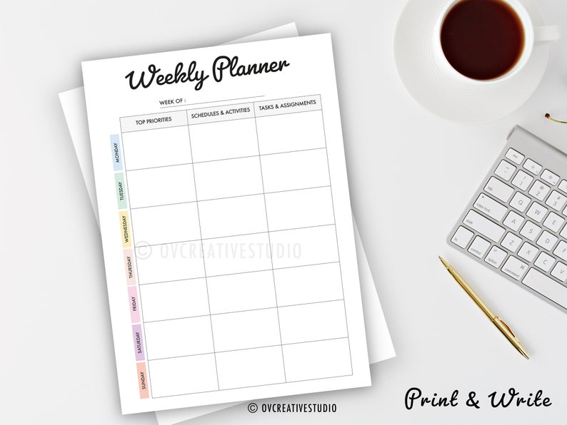 May include: A printable weekly planner with a colorful design. The planner has sections for top priorities, schedules and activities, and tasks and assignments. The days of the week are listed down the left side of the page.