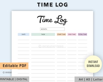 Editable Time Log, Time Sheet, Printable Work Planner, Time Tracker, Project Time Duration, Task Tracker, Work Time, Digital Download PDF