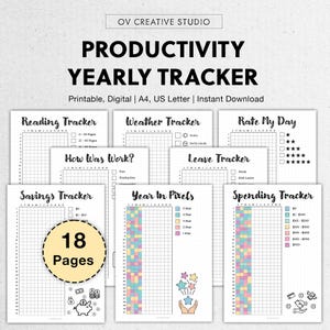 May include: A collection of printable productivity yearly trackers. The pages include trackers for reading, weather, savings, and spending. The design is minimalist with a grid layout and pastel color accents. The text "PRODUCTIVITY YEARLY TRACKER" is at the top.