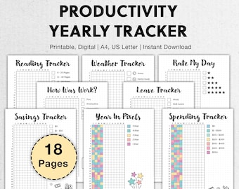 May include: A collection of printable productivity yearly trackers. The pages include trackers for reading, weather, savings, and spending. The design is minimalist with a grid layout and pastel color accents. The text "PRODUCTIVITY YEARLY TRACKER" is at the top.