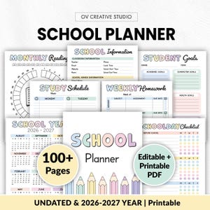 Può includere: Un set di pianificatore scolastico digitale con oltre 100 pagine che include registri di lettura, informazioni scolastiche, obiettivi, orari di studio, compiti, un calendario 2026-2027 e una lista di controllo con grafiche di matite color pastello.