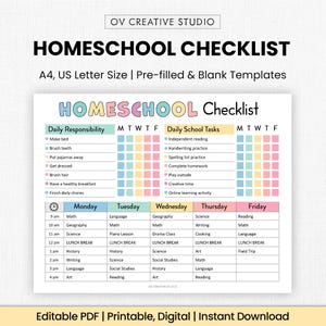 Editable Homeschool Checklist | Printable, Digital | Homeschool Planner, Daily Schedule for Kids, Schoolday Routine, Student Template | PDF