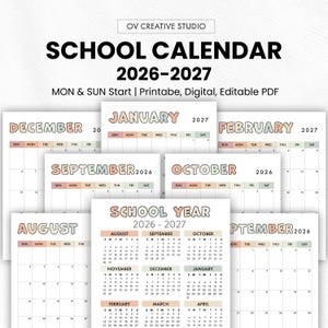 Może przedstawiać: Kalendarz szkolny na rok szkolny 2026-2027. Kalendarz zawiera miesiące od sierpnia 2026 do kwietnia 2027. Każdy miesiąc jest wyświetlany na osobnej stronie z pastelową kolorystyką. Kalendarz jest oznaczony jako drukowany, cyfrowy i edytowalny.