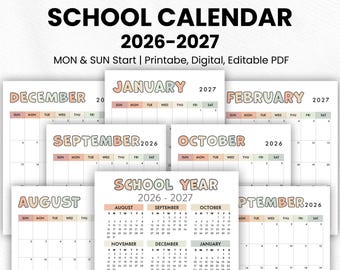 School Calendar Bundle 2026 - 2027 | Printable, Digital | Monthly Planner, Year At A Glance, Academic Yearly Calendar | Editable PDF