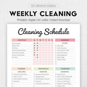 May include: A printable weekly cleaning schedule checklist with a pink and green color scheme. The checklist includes daily, weekly, and monthly tasks for the kitchen, bathroom, living area, and bedrooms. The text "OV CREATIVE STUDIO" appears at the top of the page.