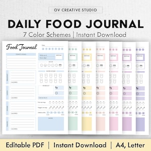 Editable Food Journal | Printable, Digital | Food Diary, Daily Food Journal, Fitness Diet | Meal Journal | Meal Tracker, Calorie Tracker