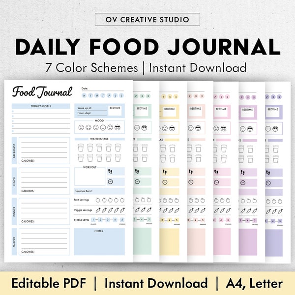 Editable Food Journal | Printable, Digital | Food Diary, Daily Food Journal, Fitness Diet | Meal Journal | Meal Tracker, Calorie Tracker