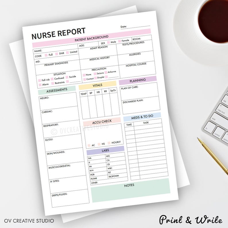 Editable Nurse Report Sheet | Printable, Digital | Nurse Brain Sheet, Single Patient Reporting Template, Nurses Resources, Med Surg, PDF image 3