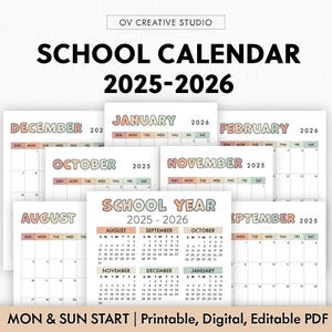 Schoolkalenderbundel 2025 - 2026 | Afdrukbaar, digitaal | Maandplanner, jaar in één oogopslag, academische jaarkalender | Bewerkbare pdf
