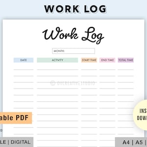 Editable Work Log | Printable | Time Log | Activity Tracker | Working Hours Log | Time Tracker | Task Time Log | Work Task Tracker PDF