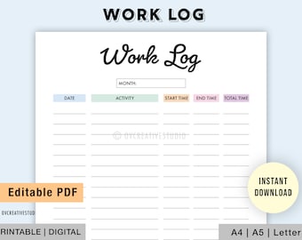 Editable Work Log | Printable | Time Log | Activity Tracker | Working Hours Log | Time Tracker | Task Time Log | Work Task Tracker PDF