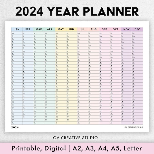 2024 Year Calendar Printable | Digital Download | 2024 Annual Calendar Inserts | A2 Size Wall Planner, Desk Calendar, Monthly Planner | PDF