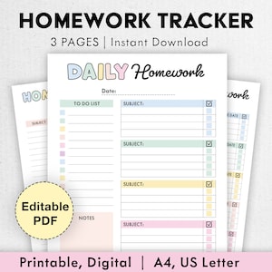 Editable Homework Planner | Printable, Digital | Student Planner | Assignment Checklist, Study Planner | School Tracker Template | PDF