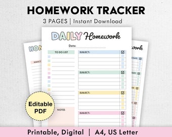 Editable Homework Planner | Printable, Digital | Student Planner | Assignment Checklist, Study Planner | School Tracker Template | PDF