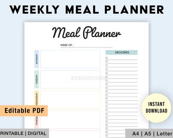 Editable Weekly Meal Planner, Grocery List | Printable, Digital | Meal Prep | Grocery List Template | Health Planner, Fitness | Digital PDF