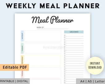 Editable Weekly Meal Planner, Grocery List | Printable, Digital | Meal Prep | Grocery List Template | Health Planner, Fitness | Digital PDF