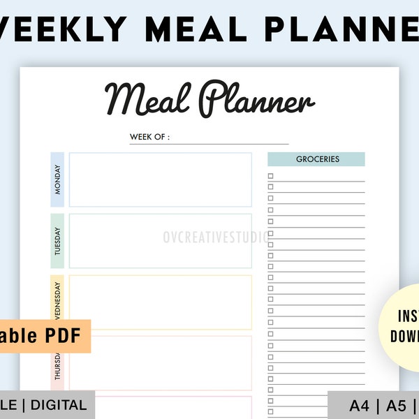 Editable Weekly Meal Planner, Grocery List | Printable, Digital | Meal Prep | Grocery List Template | Health Planner, Fitness | Digital PDF