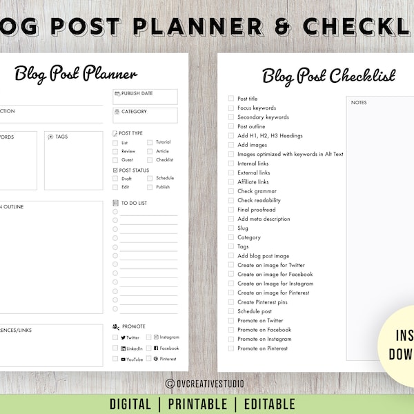 Editable Blog Post Planner & Checklist - Printable, Digital | Content Planner | PDF Files [A4, Letter]