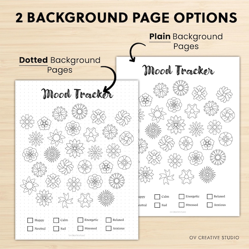 May include: Two white mood tracker pages with floral designs. One page has a dotted background, the other is plain. Each page has the words "Mood Tracker" at the top, with checkboxes for tracking moods like happy, calm, and anxious.