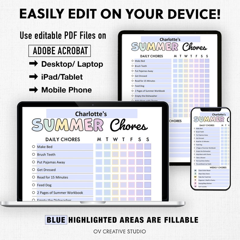 May include: A printable summer chore chart for kids with a colorful design. The chart includes daily chores like making the bed, brushing teeth, getting dressed, reading for 15 minutes, feeding the dog, and completing two pages of a summer workbook. The chart is editable and can be used on a computer, tablet, or phone.