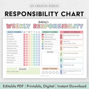 Editable Responsibility Chore Chart for Kids | Printable | Kids Daily Weekly Schedule | Kids Chore List | Kids Daily Routine Checklist | PDF