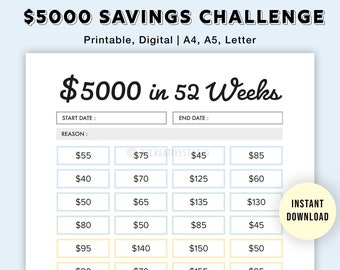 Save 5000 in 52 weeks | Printable | Savings Challenge | Savings Tracker | Money Savings Goal | 5000 Savings Challenge | Digital | PDF