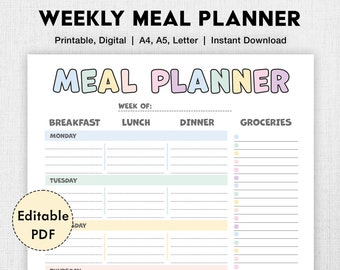 May include: A printable weekly meal planner with sections for breakfast, lunch, dinner, and groceries. The planner has a colorful design with pastel colors and a title that reads "Meal Planner".