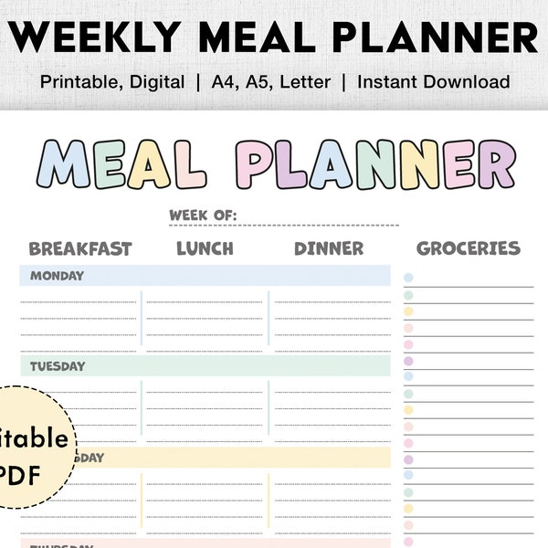 Editable Weekly Meal Planner, Grocery List, Printable, Meal Prep, Grocery List Template, Food Tracker, Health Planner, Fitness, Digital PDF