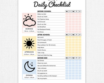 May include: A printable daily checklist for kids with a colorful design. The checklist includes tasks for before school, after school, and before bed. The checklist is divided into sections for morning, afternoon, and evening. The checklist is designed to help kids stay organized and on track.