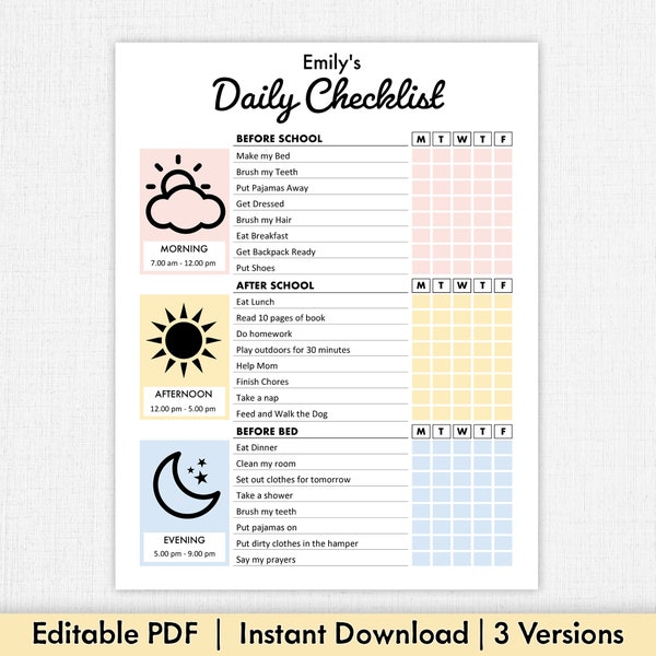 Editable Daily Checklist for Kids | Printable | Kids Responsibility Chart, To Do list | Before and After School | Daily Routine, Chore Chart