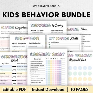 May include: A printable PDF bundle of 10 pages for kids with colorful charts and worksheets to help with behavior management, coping skills, and triggers. The bundle includes titles like "Coping Anywhere", "Triggers & Coping", "My Coping Skills", "Consequence Chart", "Behavior Chart", and "Good Behavior Reward Chart".