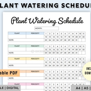 Bewerkbaar schema voor bewatering van planten | Afdrukbaar maandelijks bewateringsschema voor planten | Plantenverzorging | Kamerplantenplanner | Bewateringsschema voor planten (pdf)