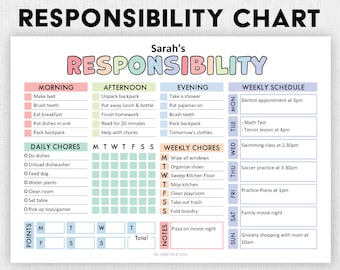 Editable Responsibility Chore Chart for Kids | Printable | Kids Daily Weekly Schedule | Kids Chore List | Kids Daily Routine Checklist | PDF