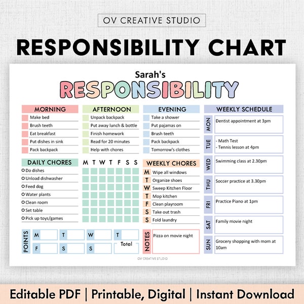 Editable Responsibility Chore Chart for Kids | Printable | Kids Daily Weekly Schedule | Kids Chore List | Kids Daily Routine Checklist | PDF