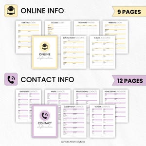 May include: A set of printable planner pages for organizing online and contact information. The "Online Info" section includes pages for logins and social media. The "Contact Info" section includes pages for various contacts. The set includes 9 and 12 pages.