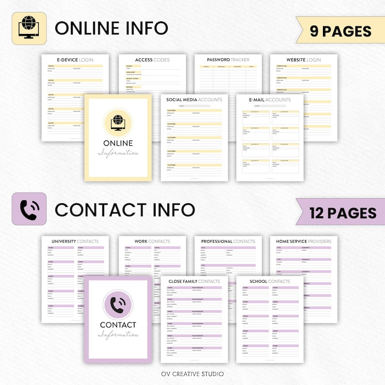 May include: A set of printable planner pages for organizing online and contact information. The "Online Info" section includes pages for logins and social media. The "Contact Info" section includes pages for various contacts. The set includes 9 and 12 pages.