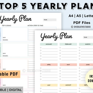 Bewerkbare Top 5 Jaarlijkse Doel Planner | | voor doelplanning | doelen stellen Doelplanner Sjabloon 2023 | Productiviteitsplanner | 2023 Goal Tracker |