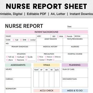 Bewerkbaar blad verpleegkundigen | Afdrukbaar, digitaal | Brain Sheet verpleegkundige, sjabloon voor rapportage over één patiënt, bronnen voor verpleegkundigen, Med Surg, pdf