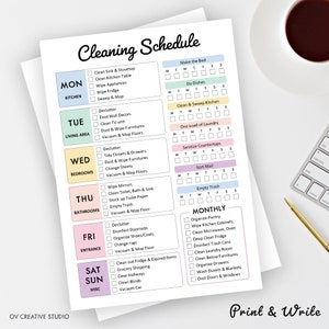 May include: A printable cleaning schedule checklist with a colorful design. The checklist is divided into daily, weekly, and monthly tasks. The days of the week are listed on the left side of the page, and the tasks are listed on the right side. The tasks are organized by room or area of the house. The checklist includes tasks such as making the bed, doing dishes, cleaning the kitchen, doing laundry, cleaning the bathroom, and organizing the pantry.