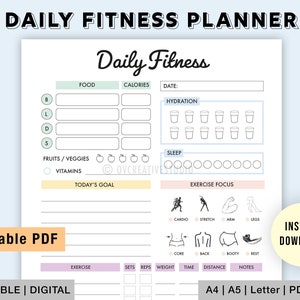 Editable Daily Fitness Planner | Exercise Log | Fitness Tracker | Daily Meal Planner | Health Planner | Wellness Planner | Workout Planner