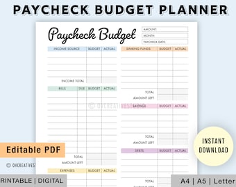 Editable Paycheck Budget Planner | Printable, Digital | Personal Budget Template | Budget by Paycheck Worksheet | A4, A5, Letter