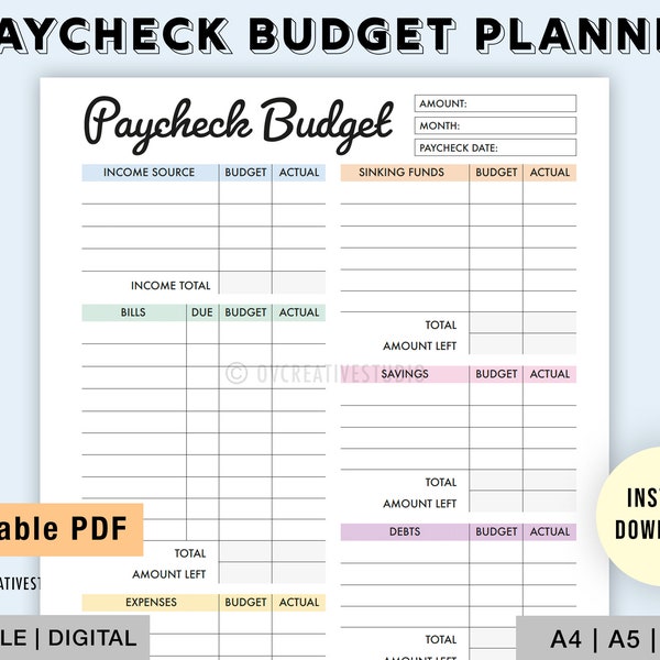 Editable Paycheck Budget Planner | Printable, Digital | Personal Budget Template | Budget by Paycheck Worksheet | A4, A5, Letter